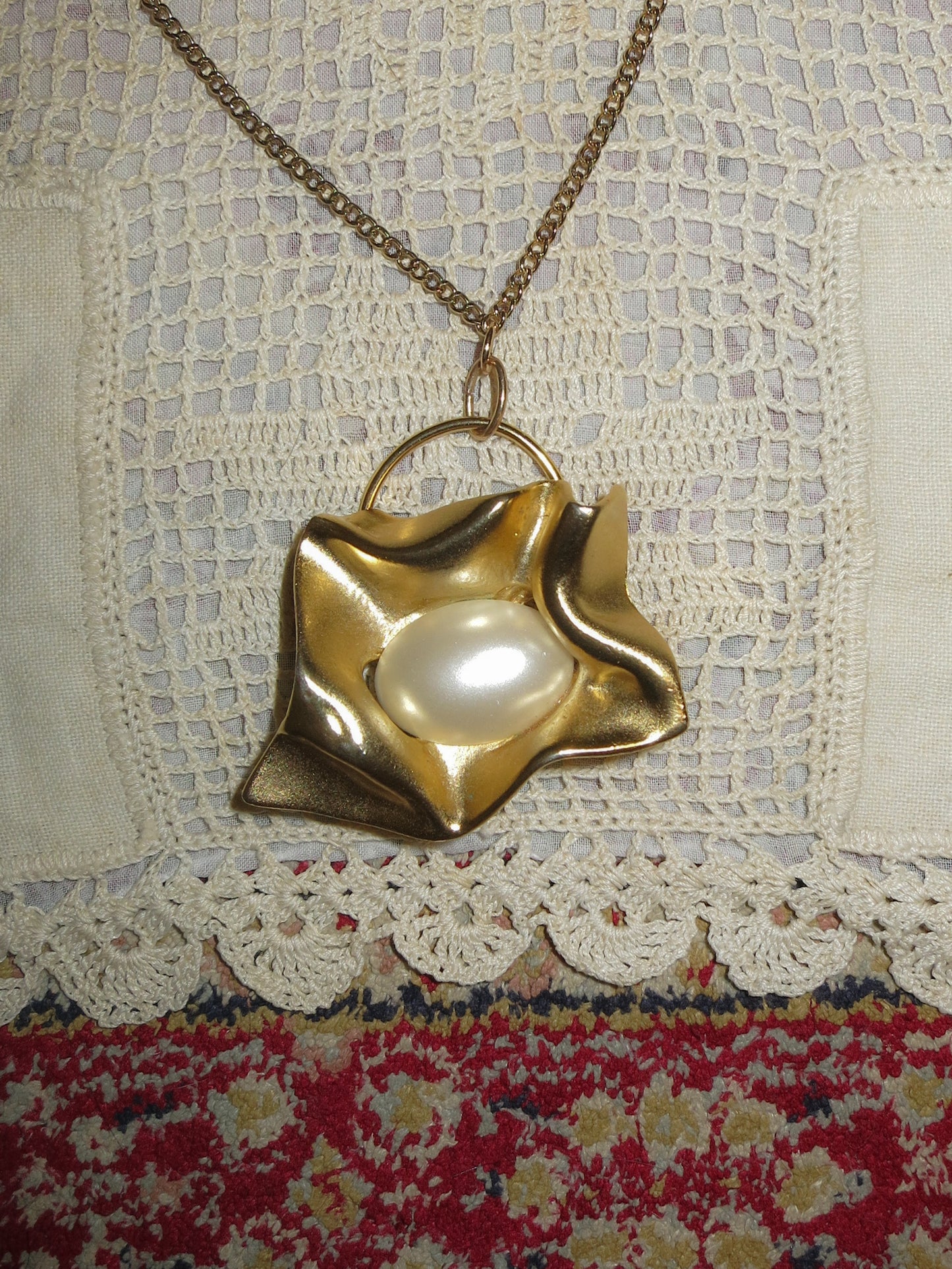 Folded Gold Pearl Charm Necklace