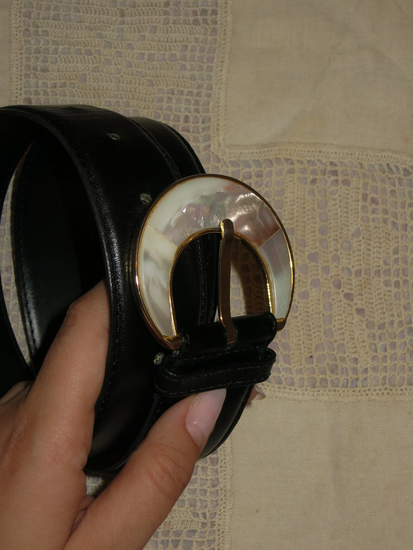Mother of Pearl Black Leather Belt